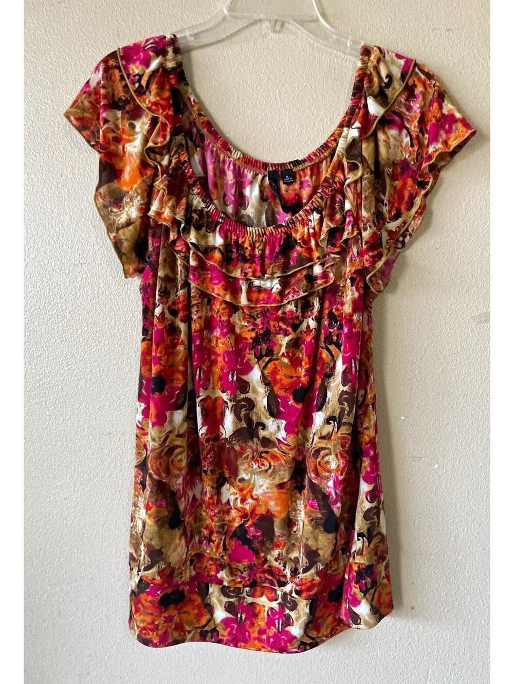 Essentials by Milano XL Blouse Multicolor Floral Scoop Neck Ruffle Stretch